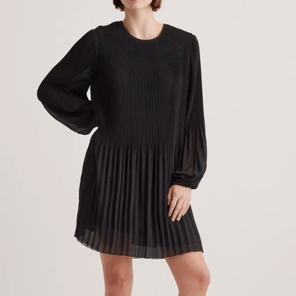 Quince Chiffon Pleated Long Sleeve Mini Dress in Black Size Small - Picture 2 of 13